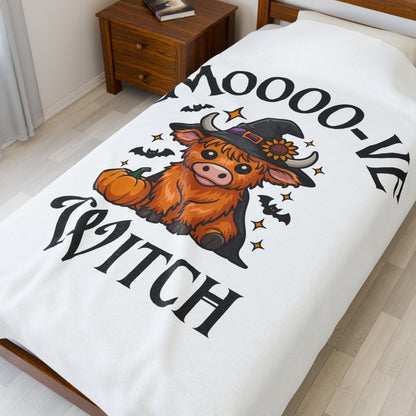 Moo-ve Witch Plush Blanket, Cozy Halloween Throw, Farmhouse Decor, Gift for Witch Lovers, Fall Home Decor