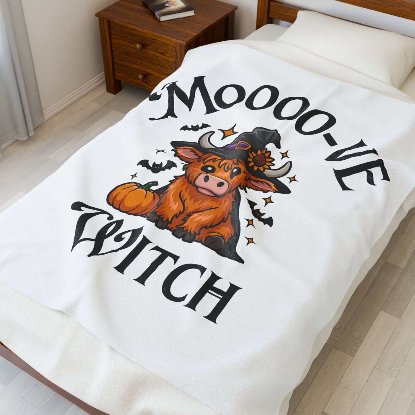 Moo-ve Witch Plush Blanket, Cozy Halloween Throw, Farmhouse Decor, Gift for Witch Lovers, Fall Home Decor