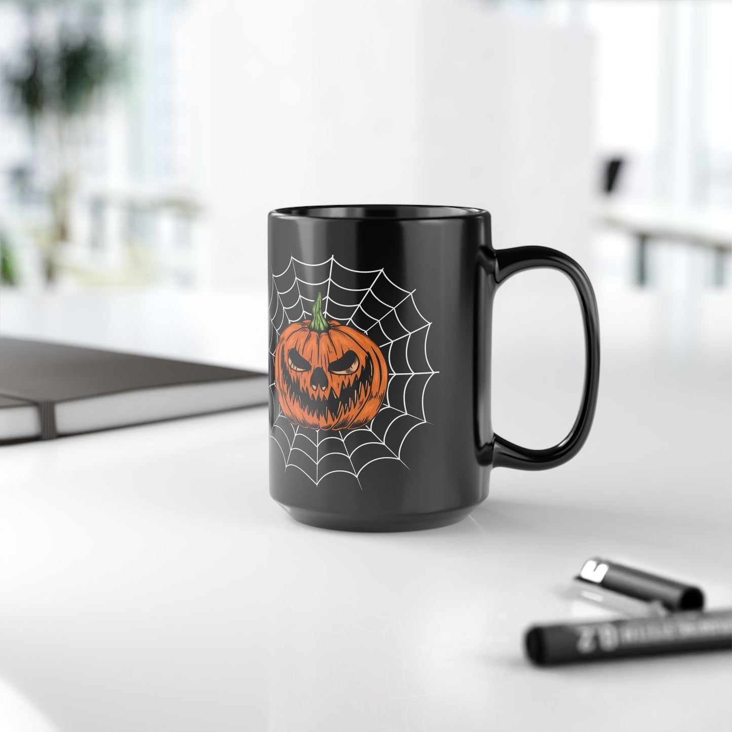 Mug - Sinister Grin Jack-o-lantern Spider Web Halloween Coffee Cup