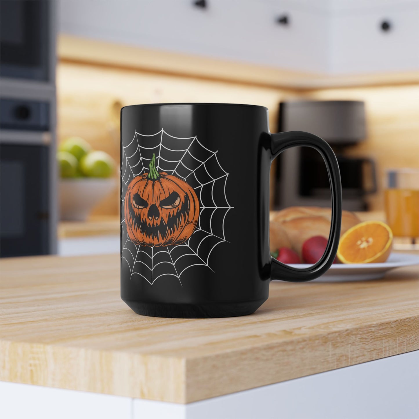 Mug - Sinister Grin Jack-o-lantern Spider Web Halloween Coffee Cup