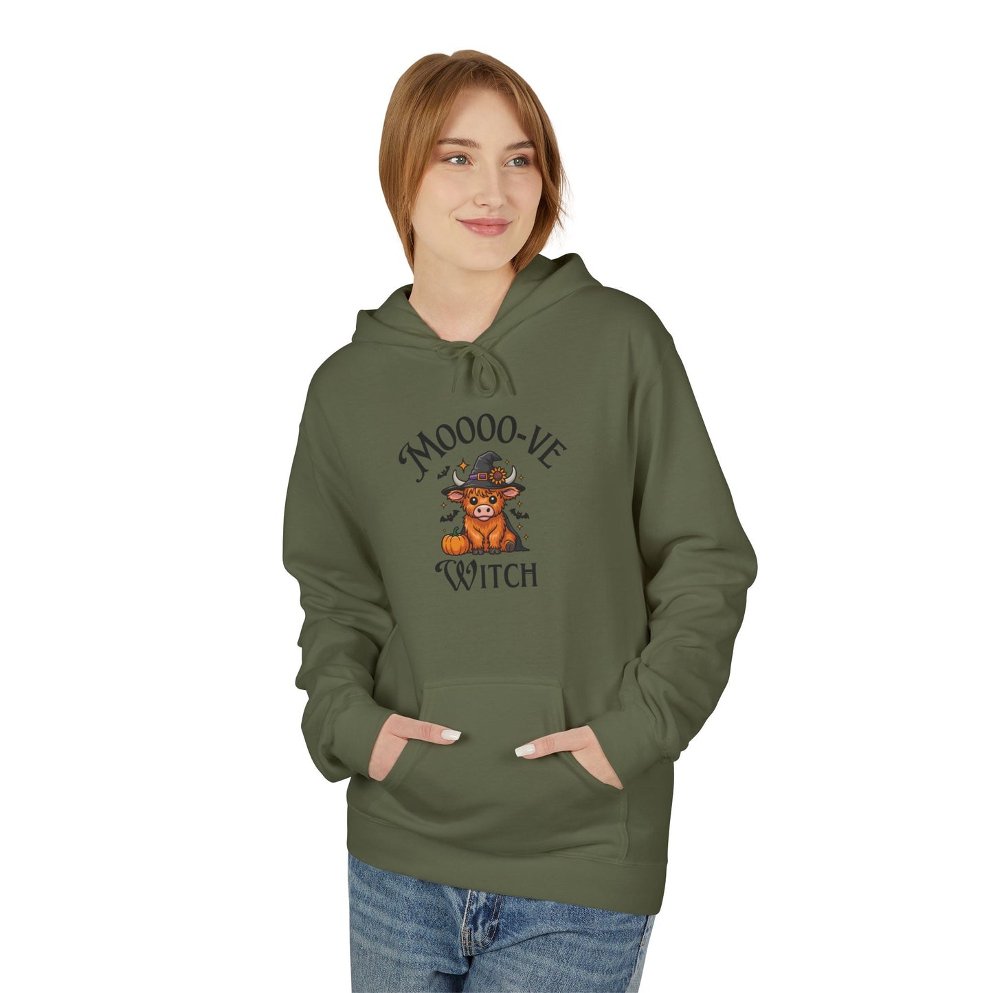 Highland Cow Witch Hoodie, Cozy Halloween Apparel, Gift for Witches, Fall Fashion, Casual Comfort, Unique Statement Piece