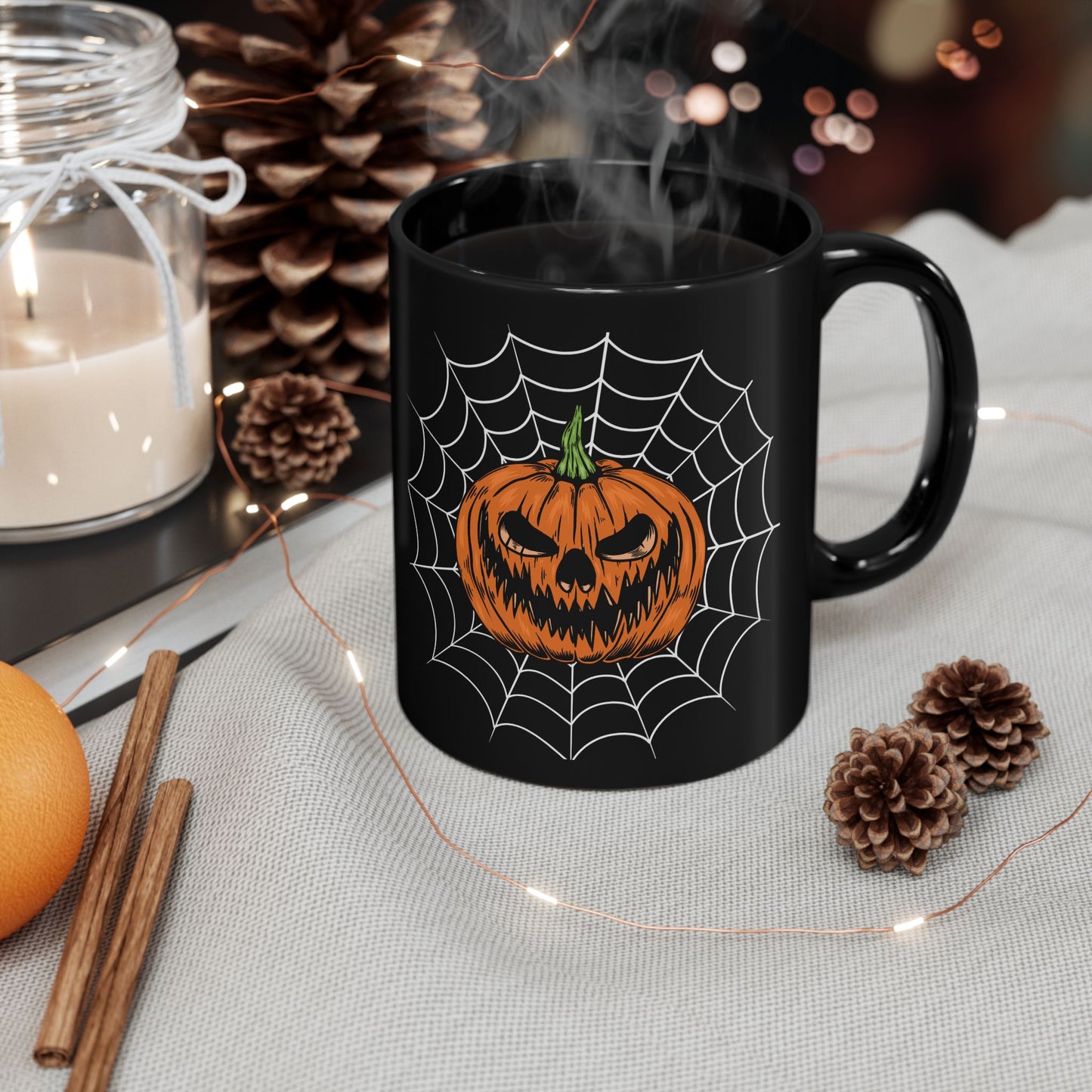 Mug - Sinister Grin Jack-o-lantern Spider Web Halloween Coffee Cup