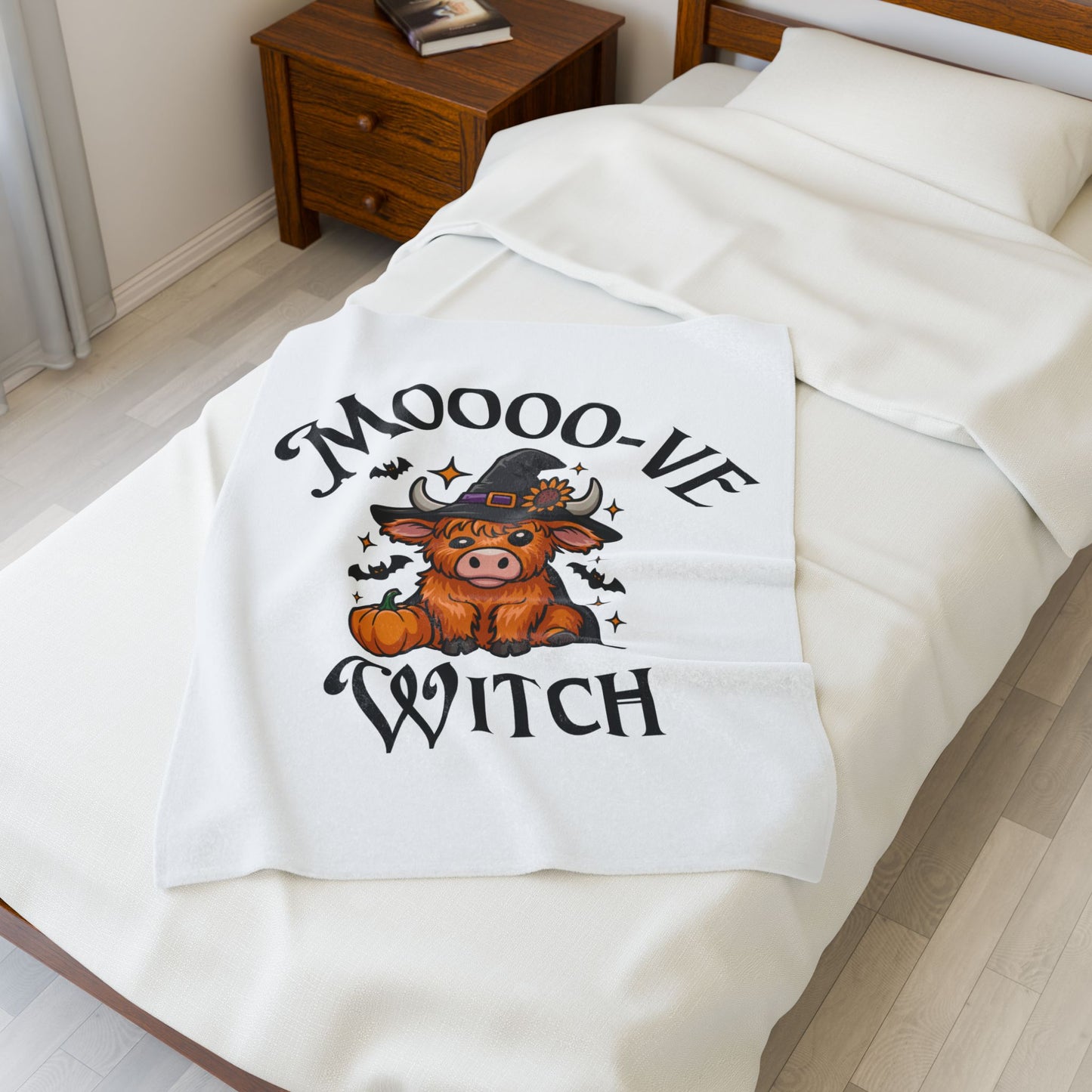 Moo-ve Witch Plush Blanket, Cozy Halloween Throw, Farmhouse Decor, Gift for Witch Lovers, Fall Home Decor