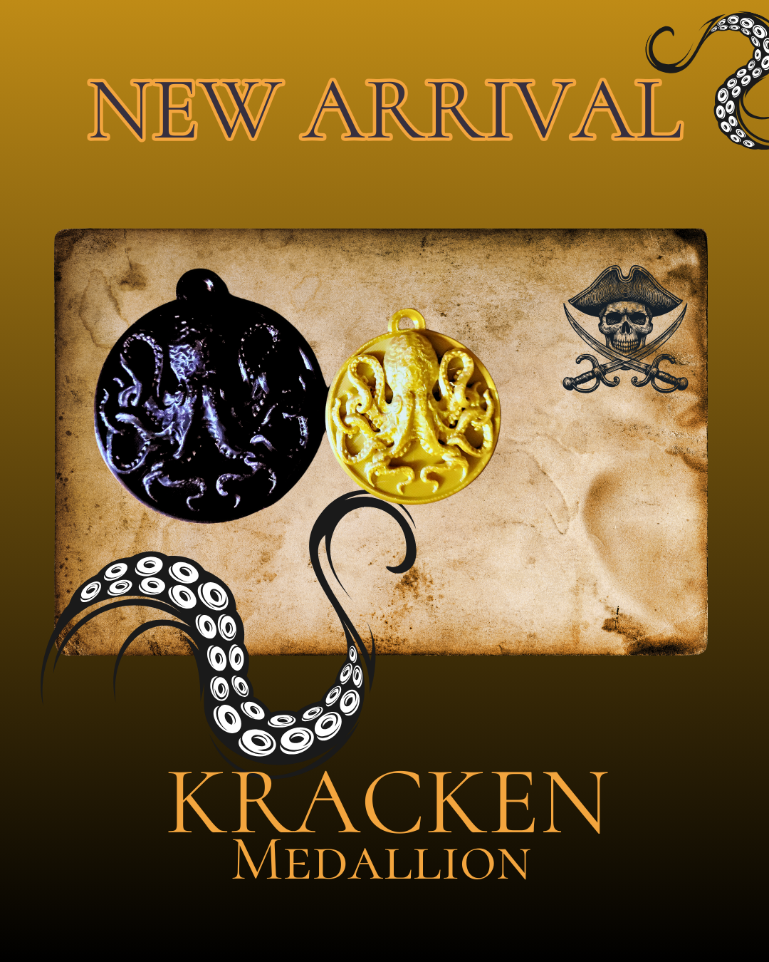 3D Printed Cthulu Kracken Pirate Medallion Pendant, Gothic Nautical Jewelry, Pirate Cosplay