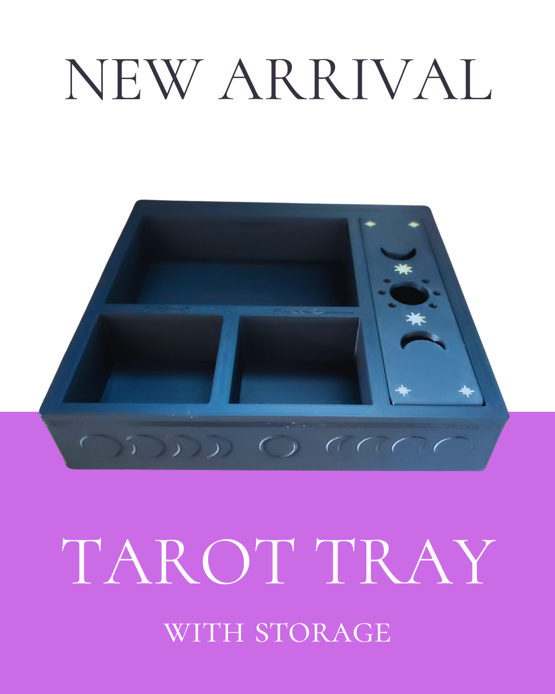Triple Moon Tarot Tray with Storage and Card Holder, Triple Moon Celestial Design